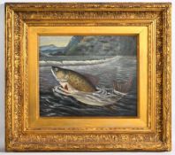 Rainbow Trout on the Fly - oil on board after A Rowland Knight - a modern painting with indistinct