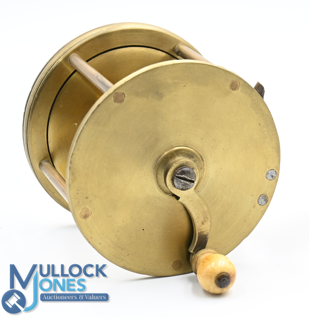Early Victorian 3 ¼" brass wide drum winch, crank handle with white knob, lacking check, repair to