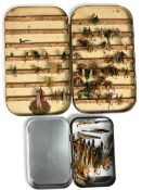 C Farlow's black japanned fly box with flies containing various trout flies and a modern pocket