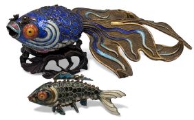 Oriental enamelled Articulated Fish, white metal and brass - has some damage to tail fixing, on a
