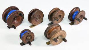6x small Nottingham pattern wood/brass reels, sizes ranging 2