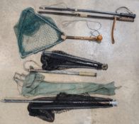 Landing Nets, Gaffs and Salmon tailer: a mixed lot, with a good home-made scoop net with turned