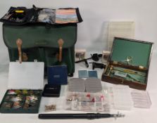 Berwood Fishing Tackle Seat Box: contents incl fly boxes, flies, vices, telescopic rod scissors, and
