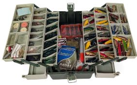 Shakespeare Snowbee Cantilever Fishing Tackle box, with contents of trace, Devon, minnow, wooden and