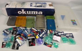 Fishing Tackle Accessories, to include an unmade Okuma rod rest, empty lure, fly boxes, tray, lure