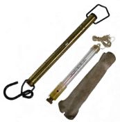 Scarce Reuben Heaton thermometer in suede case and long string. House of Hardy brass spring balance,