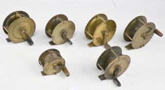 6x small vintage English brass crank wind reels, sizes 1 ¾