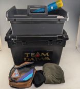 Team Daiwa Fishing Box Seal with contents of float tube, reel bags, a Map tackle bag and more