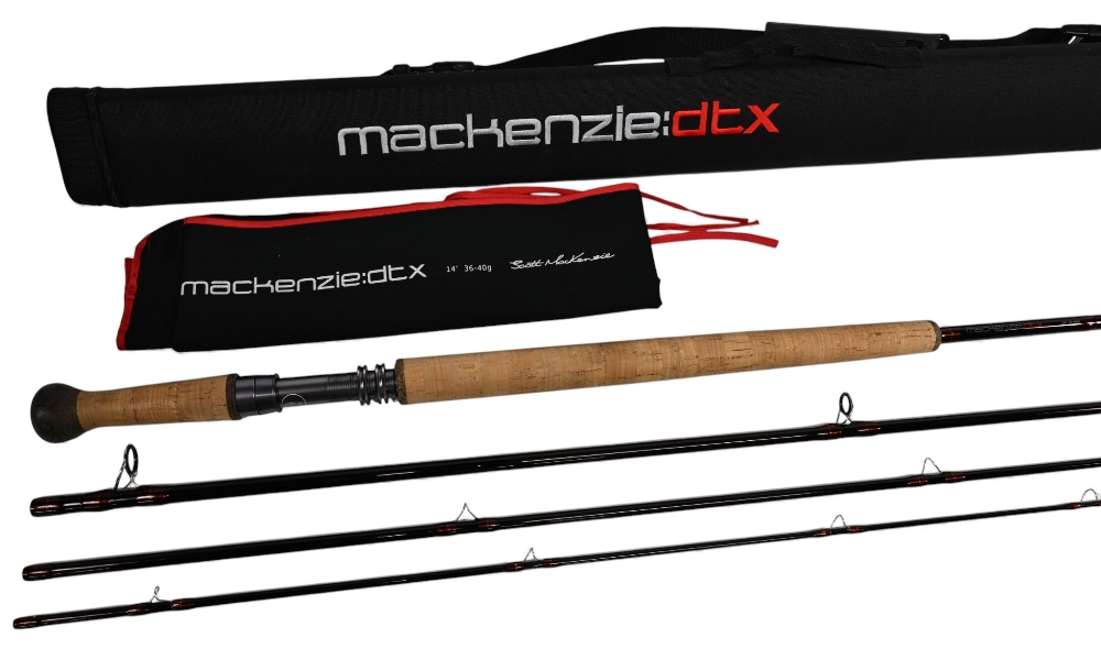A fine Mackenzie DTX Scott Mackenzie carbon salmon fly rod, 14ft 4pc line 36-40g, 24" handle with
