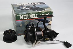 Mitchell 300 fixed spool reel LHW, good bail, push button spool release spindle tensioner, on/off