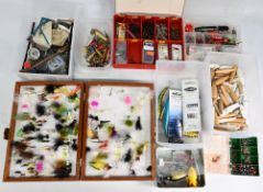 Mixed lot of game fishing accessories including large number of hand painted Devon minnows, hooks