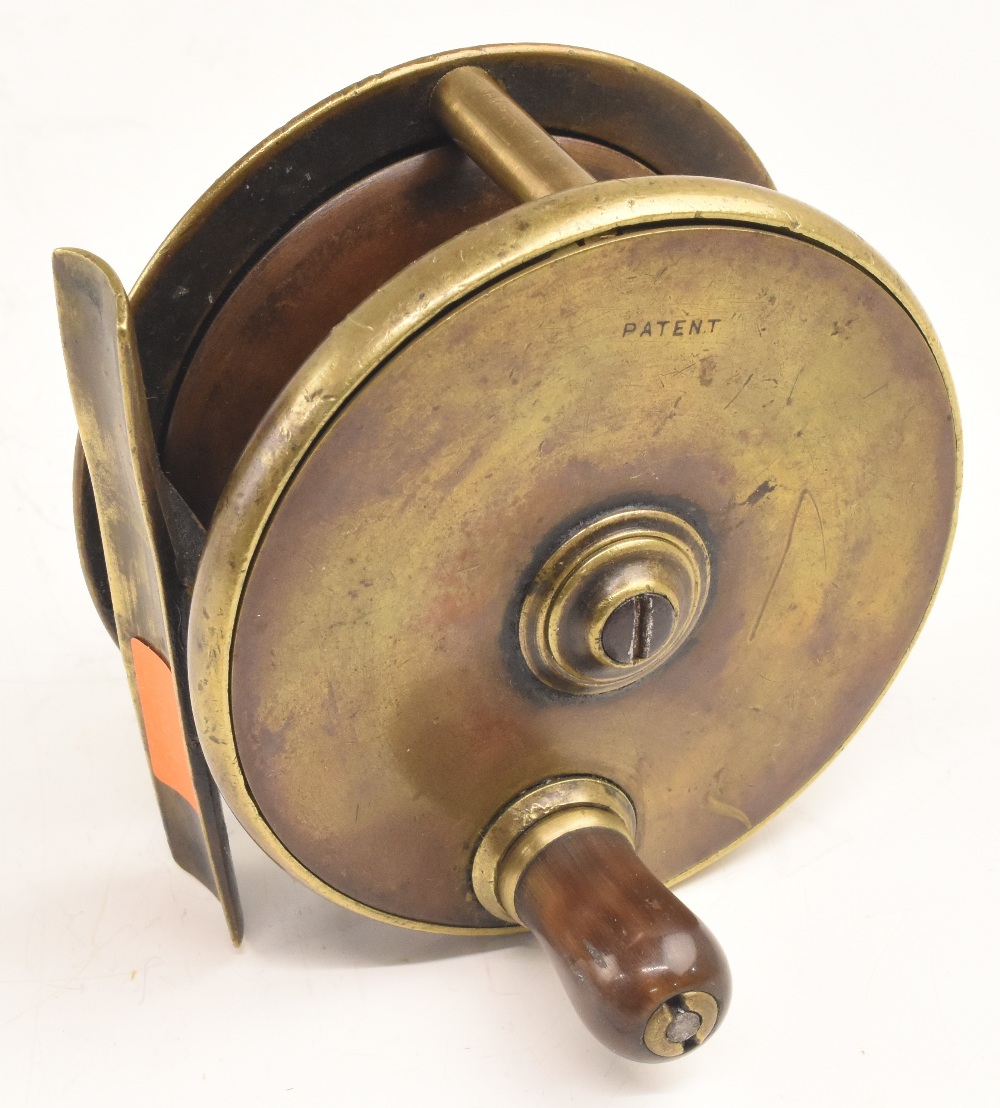 Early and rare Malloch Sun and Planet 3" diameter all brass reel, faceplate simply stamped "Patent",