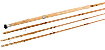 J S Sharpe Ltd Aberdeen impregnated spliced salmon fly rod No 40263, 14ft 3pc with spare tip and