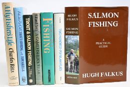 Seven hardcover fishing books to include Salmon Fishing A Practical Guide 1998 Hugh Falkus, Two