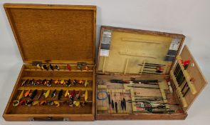 2x Wooden Fishing Boxes, with contents of Devon Minnow Lures and Floats
