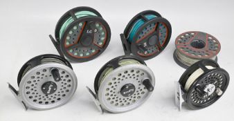 An LC100 fly reel, c/w line and spare spool, and an LC60 fly reel with line, all in leather pouches,