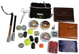 Collection of fishing tackle to include: 3x cast cases. 2x priests, forceps and zinger. 1x Daiwa rod