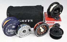 Intrepid Graphite large arbor fly reel, rear drag, in box, a Ryobi Gilfin 444 alloy fly reel, 3 ½