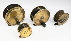 Collection of 4 brass trout & salmon fly reels, in sizes 2 ½