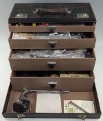 Period leather fronted Travel Doctor Case Fly Box, with 4 drawers, hooks, feathers, wool, fur, a