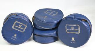 4x vintage Hardy blue zipped padded reel cases, 5 ¼