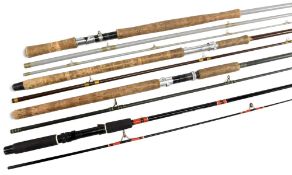 Collection of unnamed carbon course rods, as follows: 7ft spinning 2pc. 9ft 6