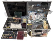 2x Metal fitted storage case of fly tying accessories, tools, equipment, line, reel cotton, vice,