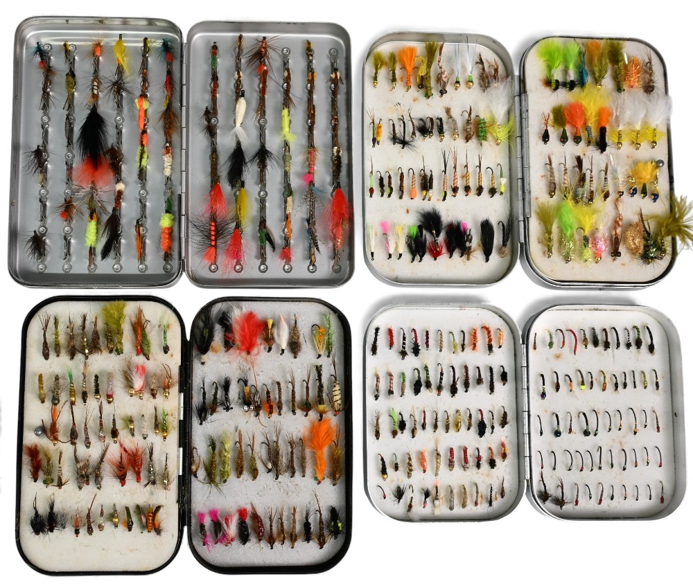 Wheatley alloy fly tin 6" x 3 ½" with swing leaf, foam lined with large quantity of trout nymphs and