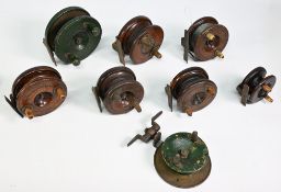 Collection of vintage reels as follows: Unnamed mahogany and brass starback reel, 3 ½