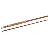 A scarce B James & Sons England, hollow glass trout fly rod, 9ft 6" 2pc alloy up locking reel