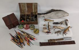 Period Fishing Tackle: to include artificial mouse plug lure, plug lures, a fish shaped tackle box -