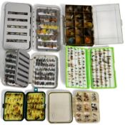 A collection of plastic fly boxes, all with a quantity of trout flies, as follows: C&F 8