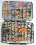 Large collection of salmon flies tied to double and treble hooks, many hare wing, some with Jungle