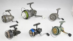 6x vintage spinning reels, a/f, including 2x Omnia Le Super, an Intrepid continental with gilt