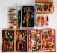 Fine collection of single/double/treble hooks salmon flies, many shrimp patterns, others tied with