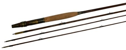 C Farlow Ltd London, greenheart trout fly rod No 4916, 9ft 3pc with spare tip, brass reel fittings