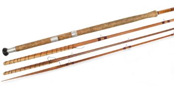 Sharpe Ltd Aberdeen impregnated split cane spliced salmon fly rod, 14ft 3pc line 10# with spare tip,
