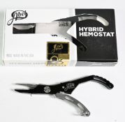 Pair of Abel Hybrid Hemostat fishing pliers, black finish, in original box, showing retail of £109.