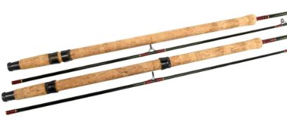 Pair of Silstar Boron Graphite, 3.3m, 2 piece spinning rods, lined guides, cork handles, sliding