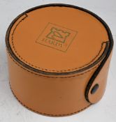 Hardy Alnwick block leather round reel case with press stud closer, 5 ½