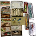 Collection of artificial lures, as follows: Hardy 6" x 3 ½" lure box with 4 Devons. Hardy 5 ½" x