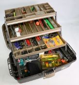 Plano Guide Series cantilever tackle box, holding good selection of lures, including Rapala,