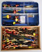 A box with over 80 various floats, bobbers, pole and quills in various sizes and colours. A Jarvis