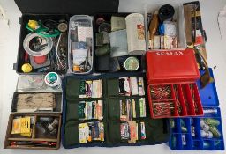 Shakespeare Fishing Seat Box, with adjustable feet, full of fishing accessories floats, feeders,