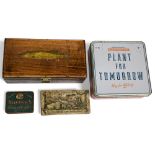 Here we have one wooden box and 3 tins (Allcocks rigs hooks, Balkan Cigarettes and Plant for