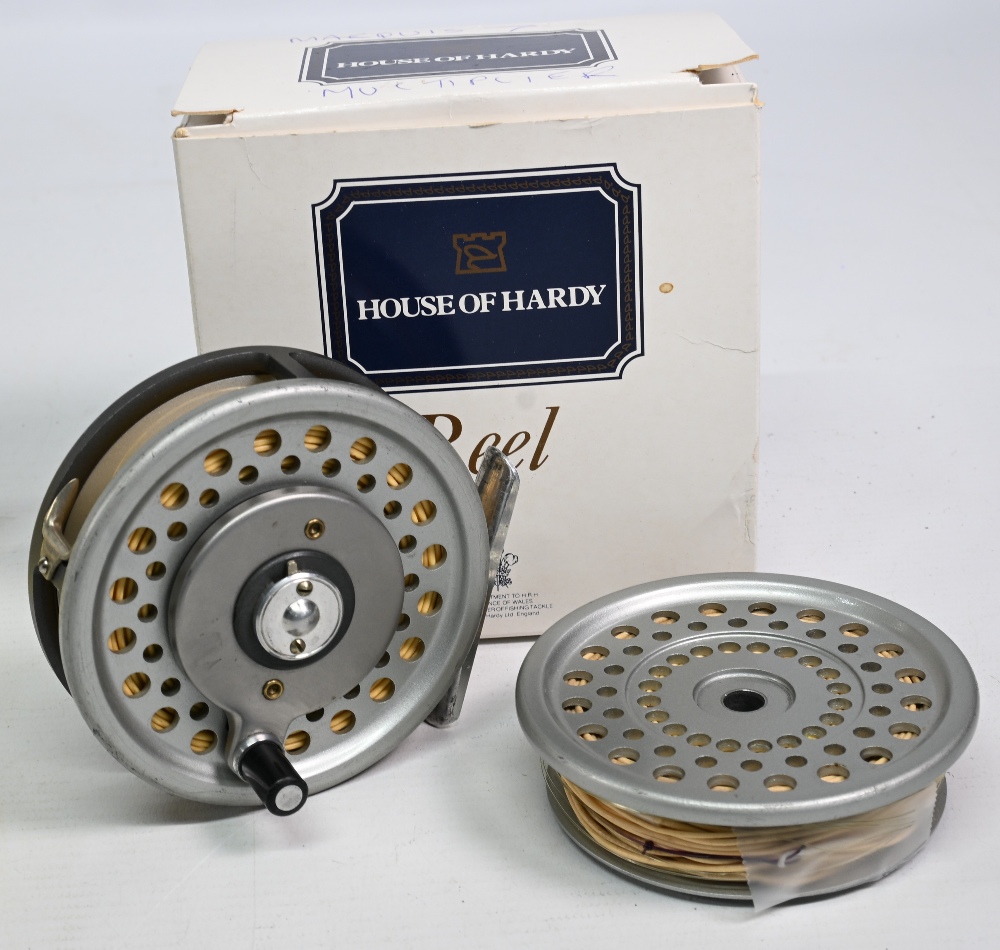 Hardy Bros Marquis 7 multiplier alloy trout fly reel with spare spool, 3 7/16" ventilated spool, 2