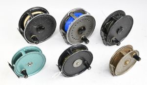 6x J W Young, Redditch alloy trout/salmon fly reels, including a scarce green finish Condex, an