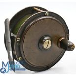 Allcock Summit pattern 3 ½" brass/ebonite reel, raised front check housing, black handle, Allcock