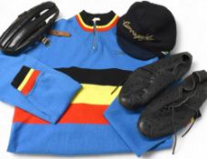 Vintage Cycling Clothing to include Cycling Jersey, Cap, Shoes size 7/8, Cycling Helmet