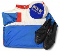 Vintage Cycling Clothing to include Cycling Jersey 34 chest, MSW Racing Team Cap, Shoes with pedal